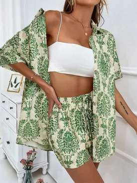 🌿 Printed Button Up Top and Shorts Set 🌿