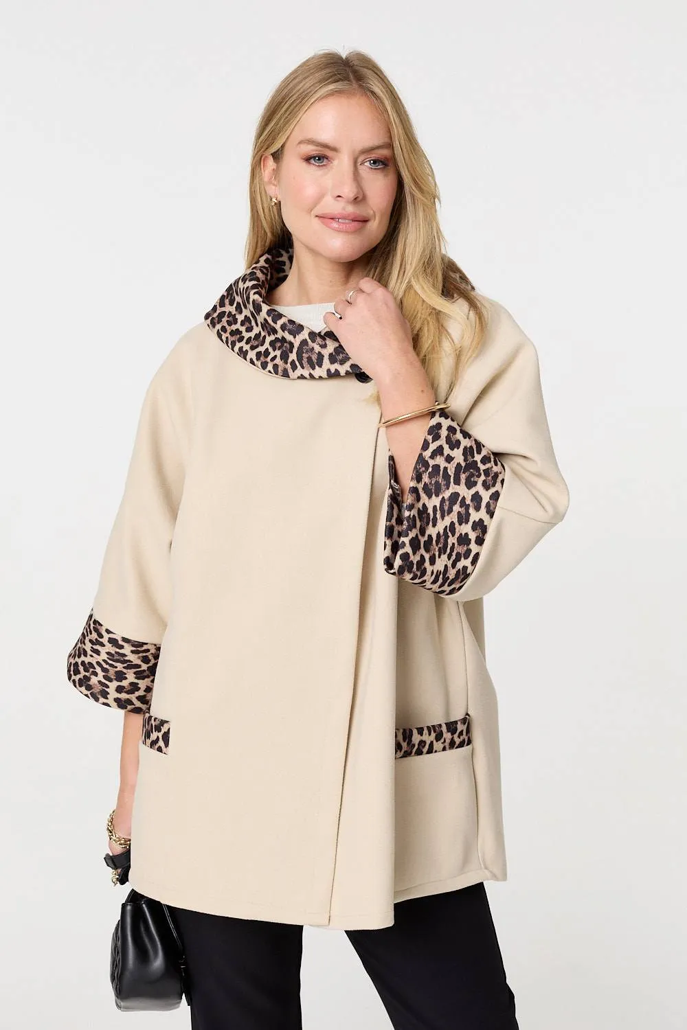 Animal Print Trim 3/4 Sleeve Cape Coat