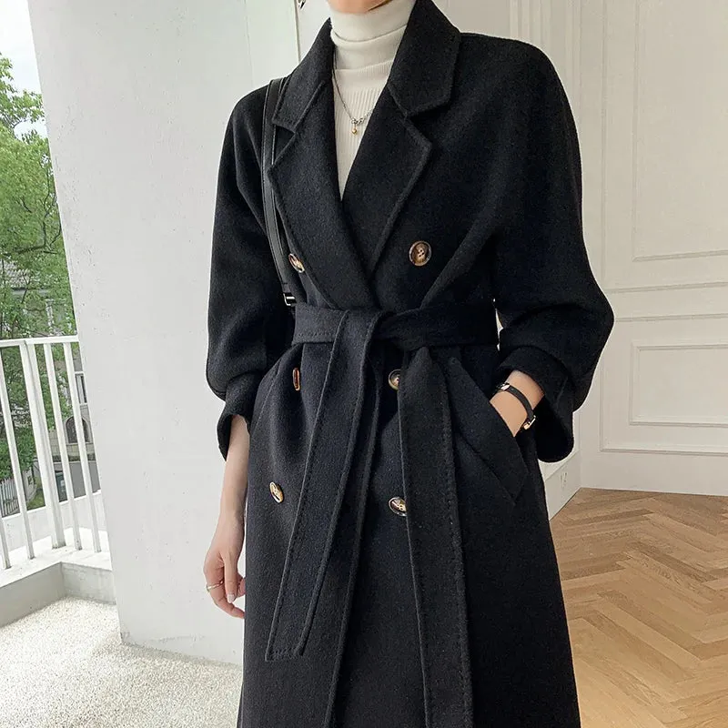 Ashore Shop Autumn and Winter New Cashmere Coat Women's Classic Double-breasted Women's Thickened Double-sided Wool Long Coat  MM