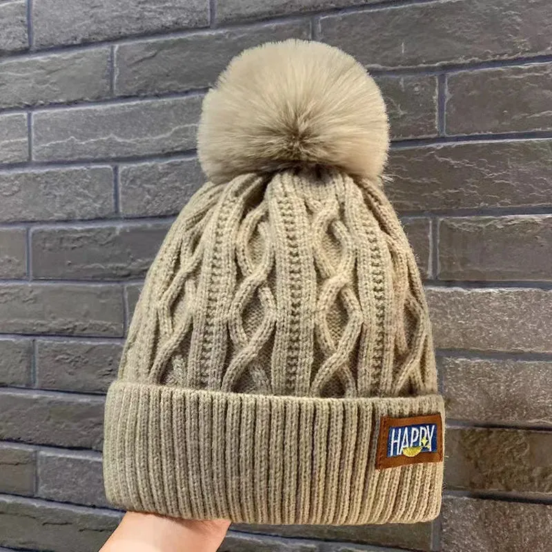 Autumn Winter Fashion Classic Beanie Hats Women Thicker Fur Pom Ball Knitted Cap Girls Fleece-lined Warm Pullover Skullies