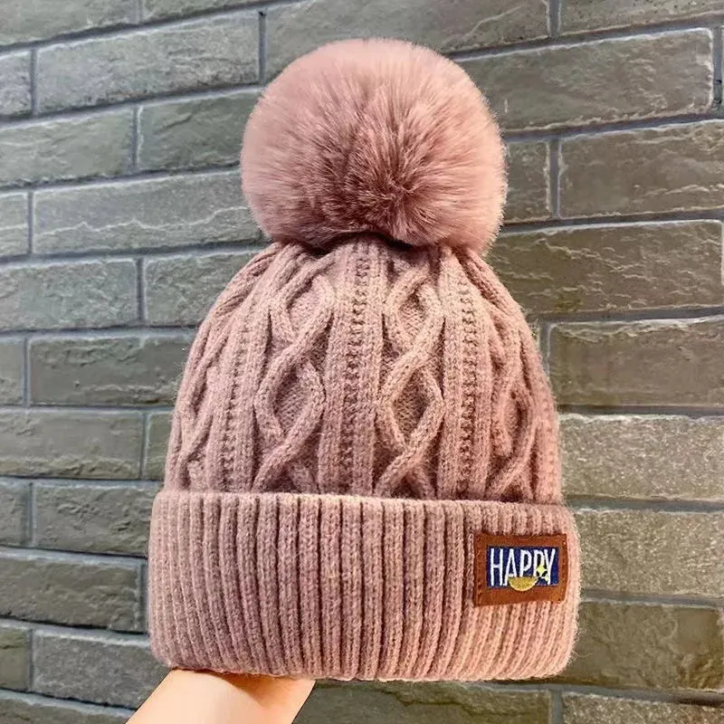 Autumn Winter Fashion Classic Beanie Hats Women Thicker Fur Pom Ball Knitted Cap Girls Fleece-lined Warm Pullover Skullies