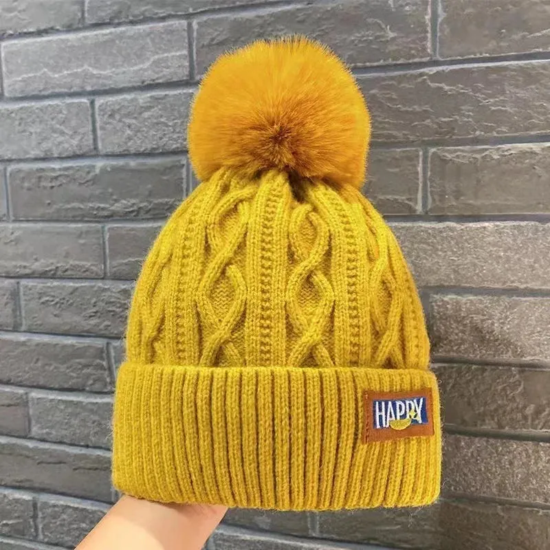 Autumn Winter Fashion Classic Beanie Hats Women Thicker Fur Pom Ball Knitted Cap Girls Fleece-lined Warm Pullover Skullies