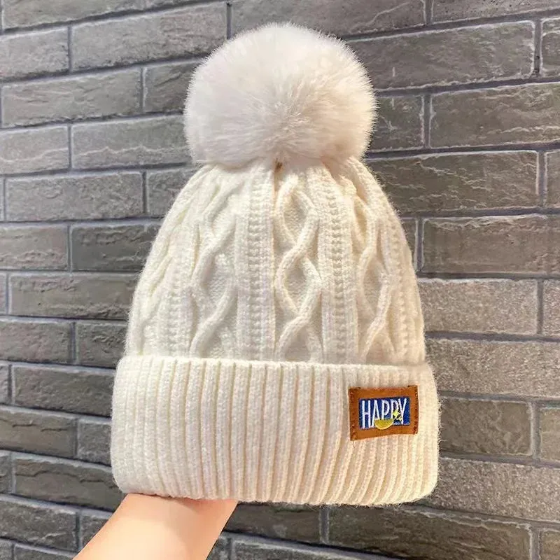 Autumn Winter Fashion Classic Beanie Hats Women Thicker Fur Pom Ball Knitted Cap Girls Fleece-lined Warm Pullover Skullies