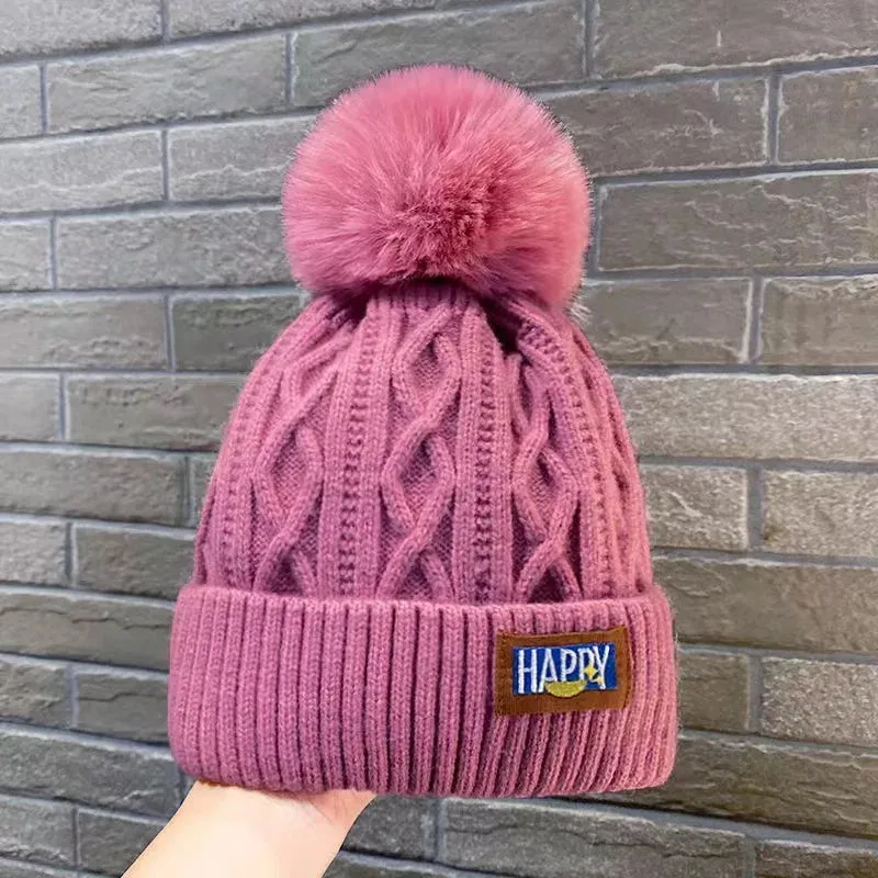 Autumn Winter Fashion Classic Beanie Hats Women Thicker Fur Pom Ball Knitted Cap Girls Fleece-lined Warm Pullover Skullies