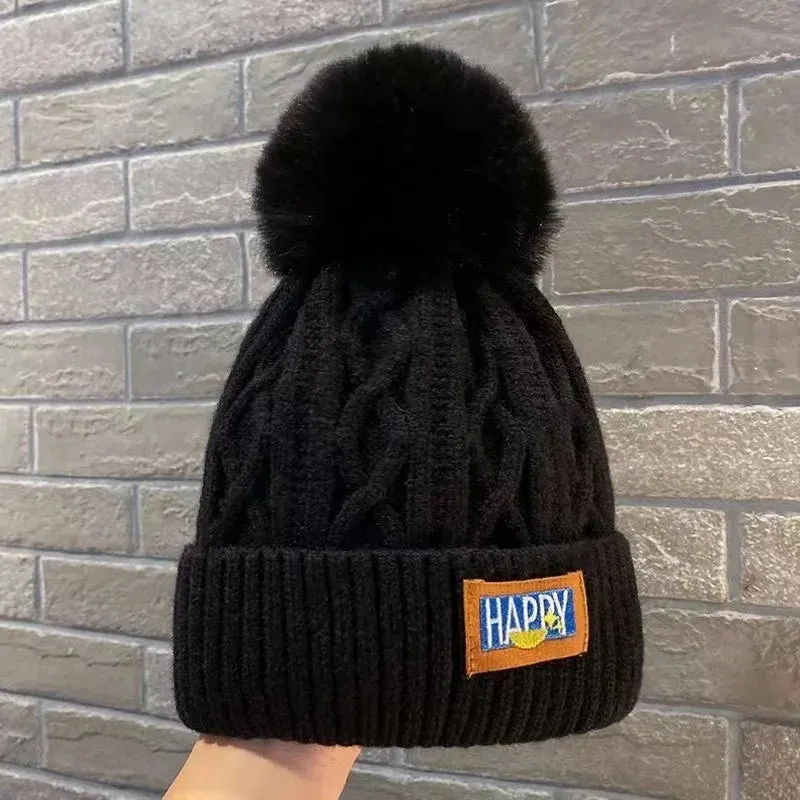 Autumn Winter Fashion Classic Beanie Hats Women Thicker Fur Pom Ball Knitted Cap Girls Fleece-lined Warm Pullover Skullies