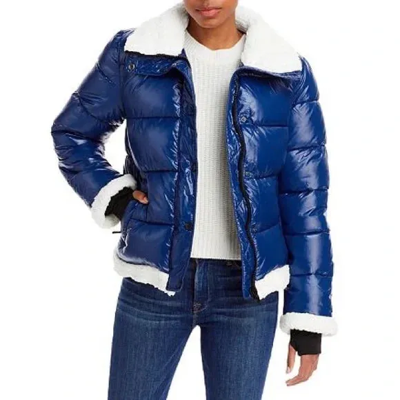 Avec Les Filles Shiny Cropped Sherpa Lined Puffer Coat Jacket in Blue, Size M