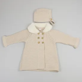 Baby Girls Beige Knitted Coat - Faux Fur Collar with Bonnet