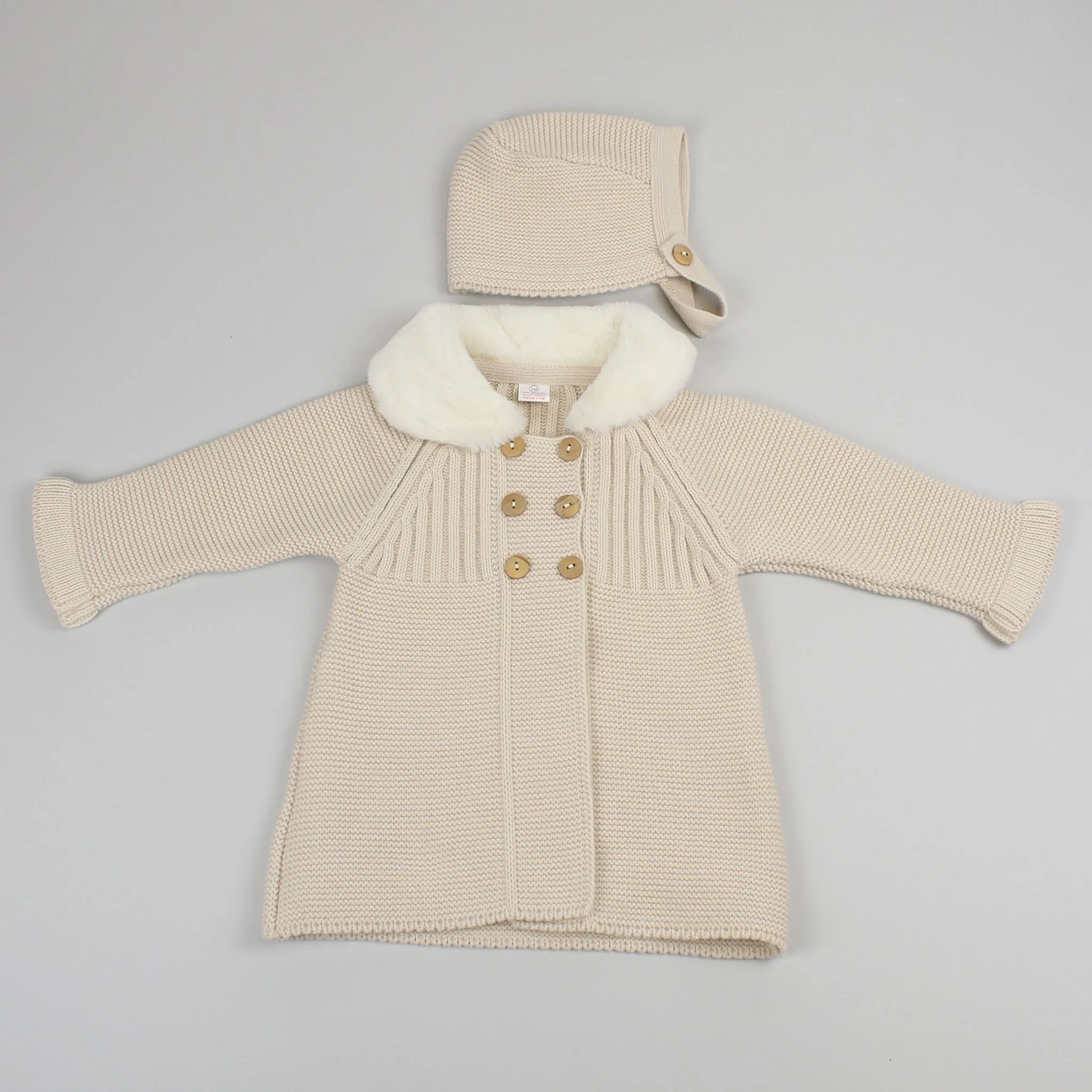 Baby Girls Beige Knitted Coat - Faux Fur Collar with Bonnet