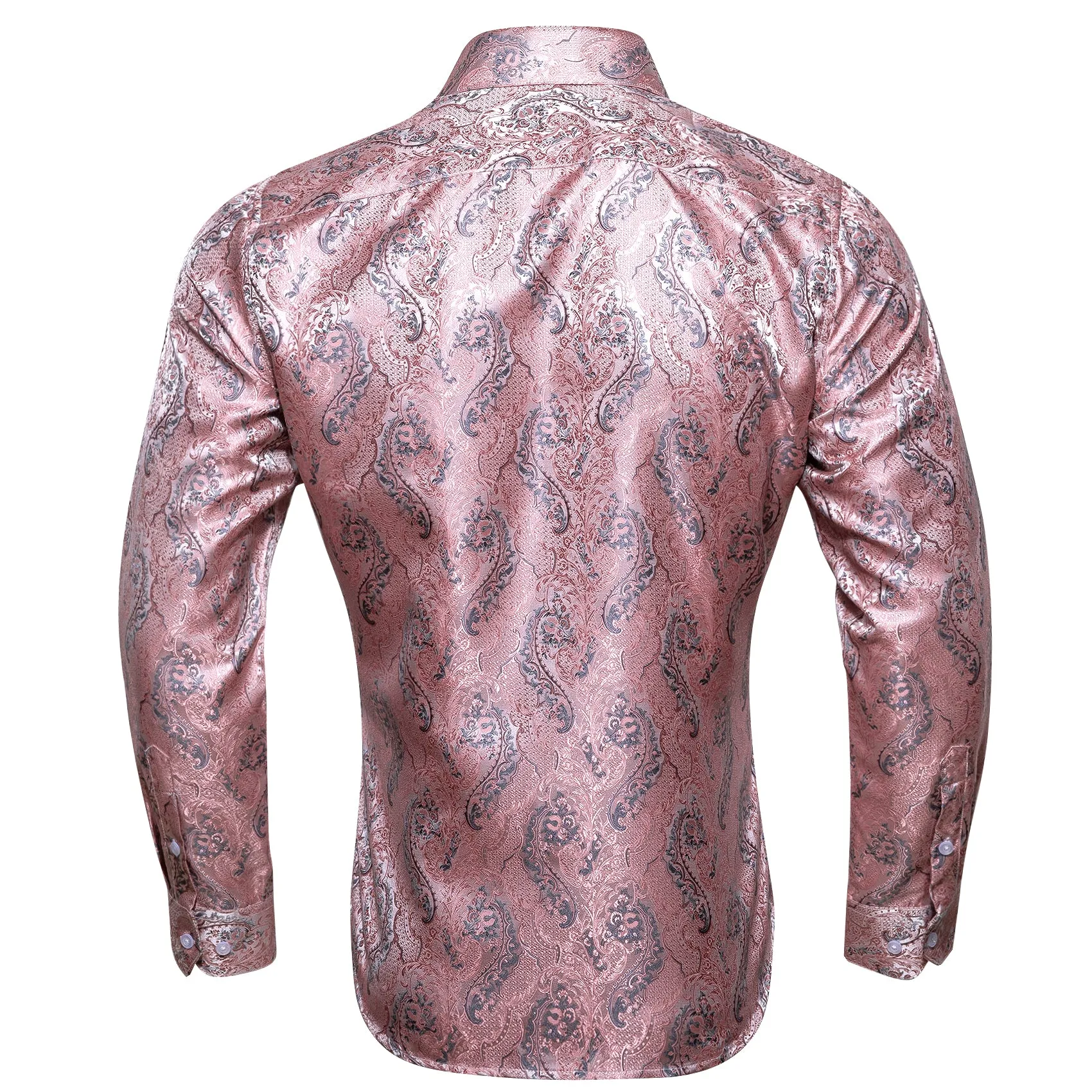 Baby Pink Paisley Style Silk Men's Long Sleeve Shirt