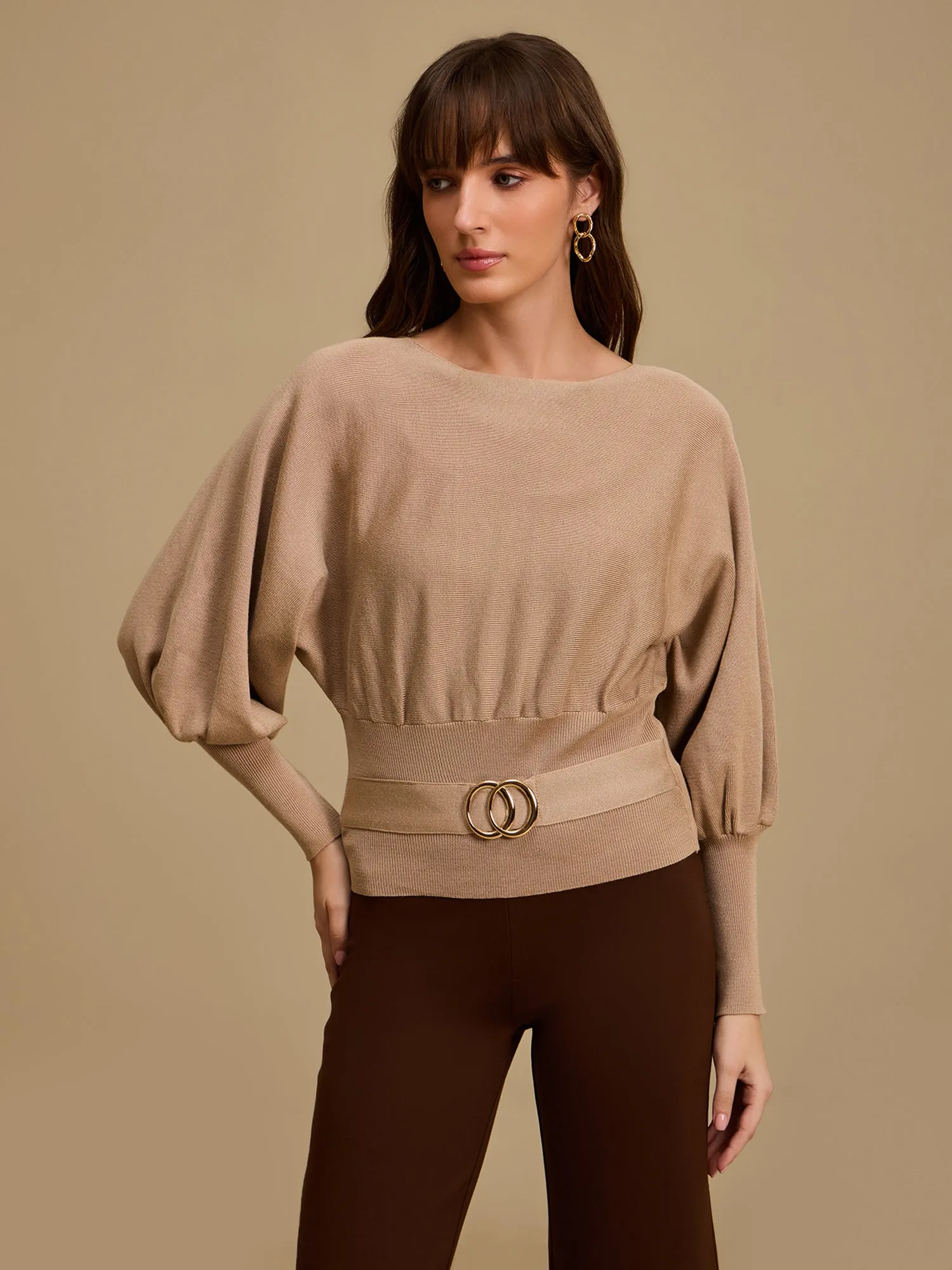 Batwing Sleeve Winter Top With Buckle