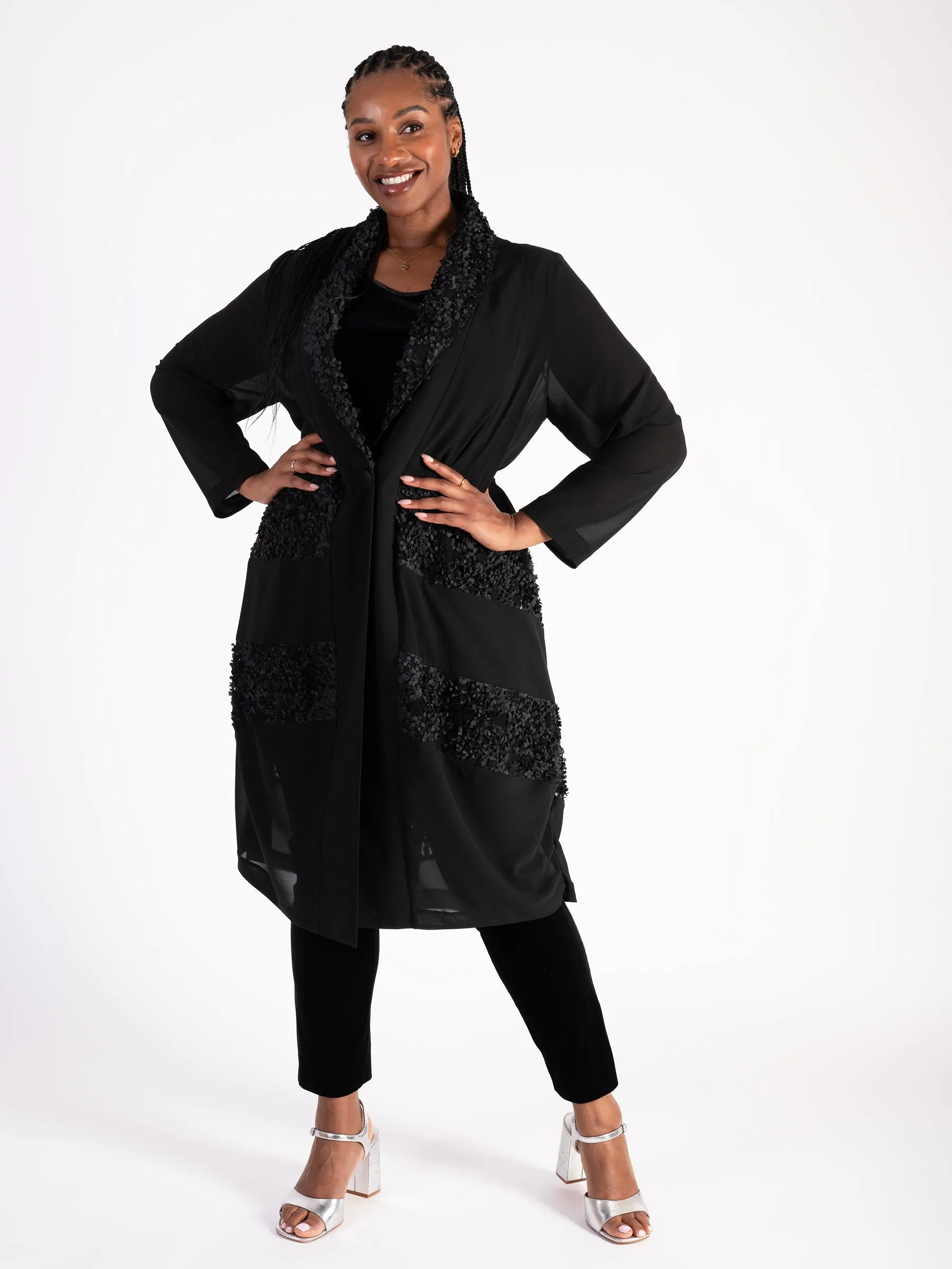 Black Chiffon Barrel Coat with Confetti Applique Mesh Chevron Inset Trim