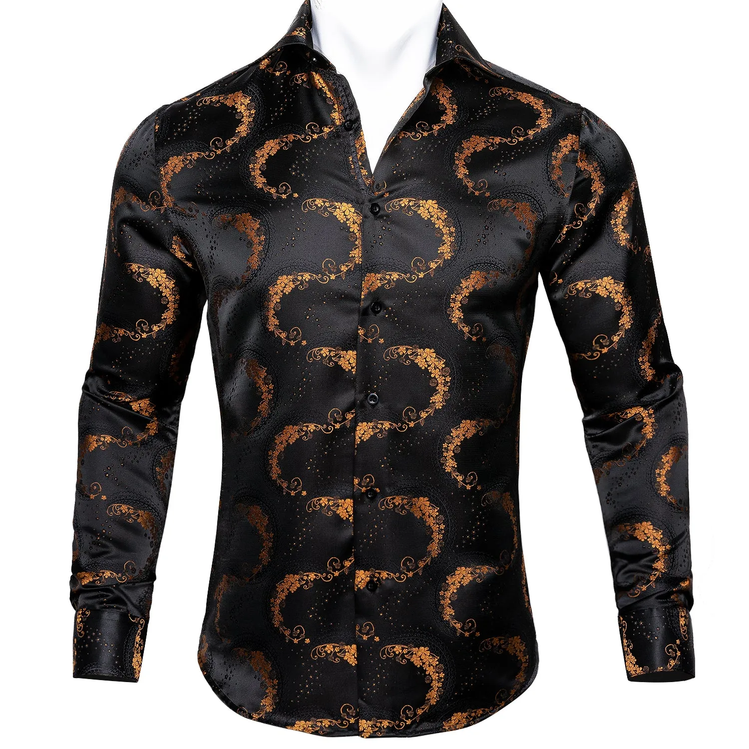 Black Golden Floral Silk Men's Shirt