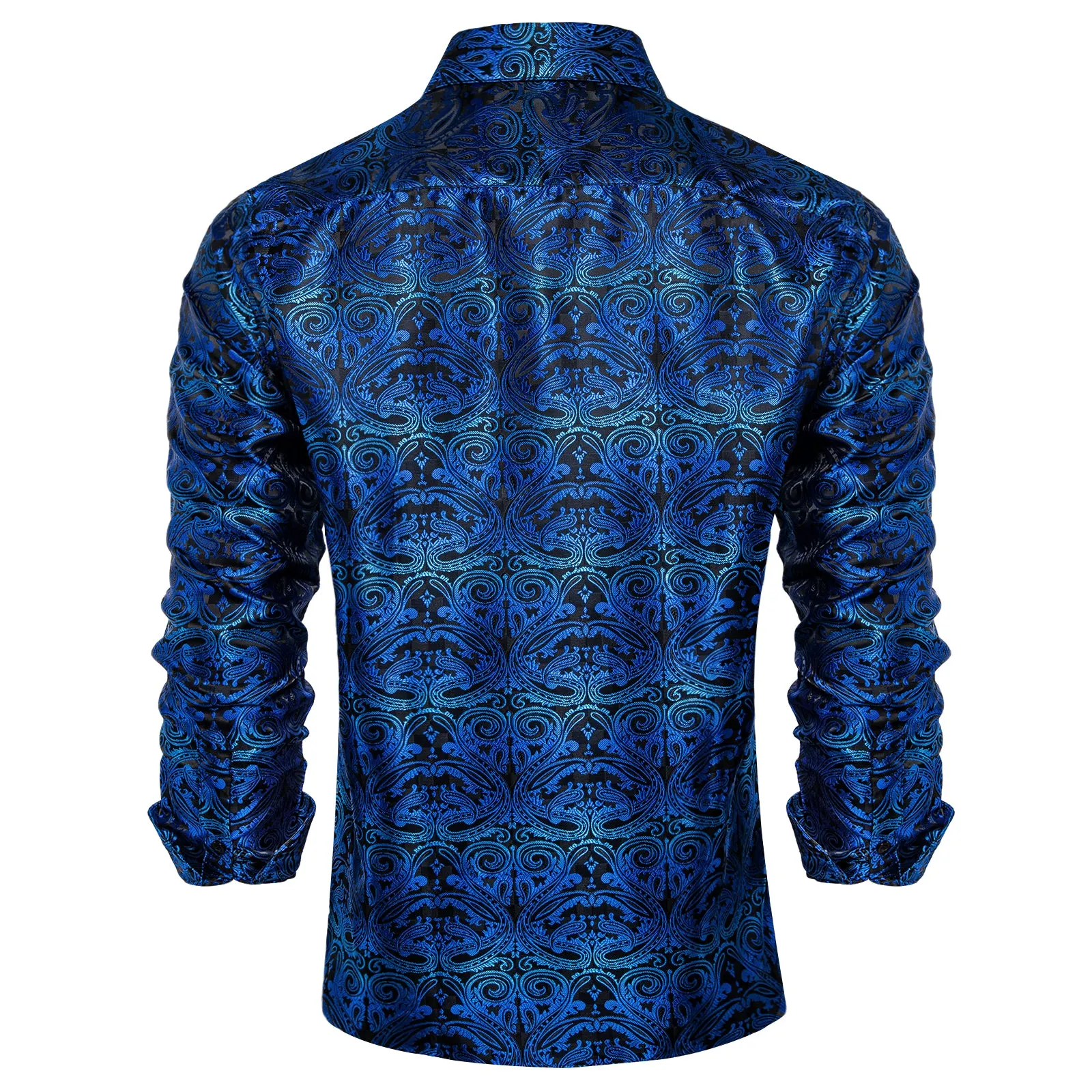 Black Gradient Blue Paisley Silk Men's Long Sleeve Shirt