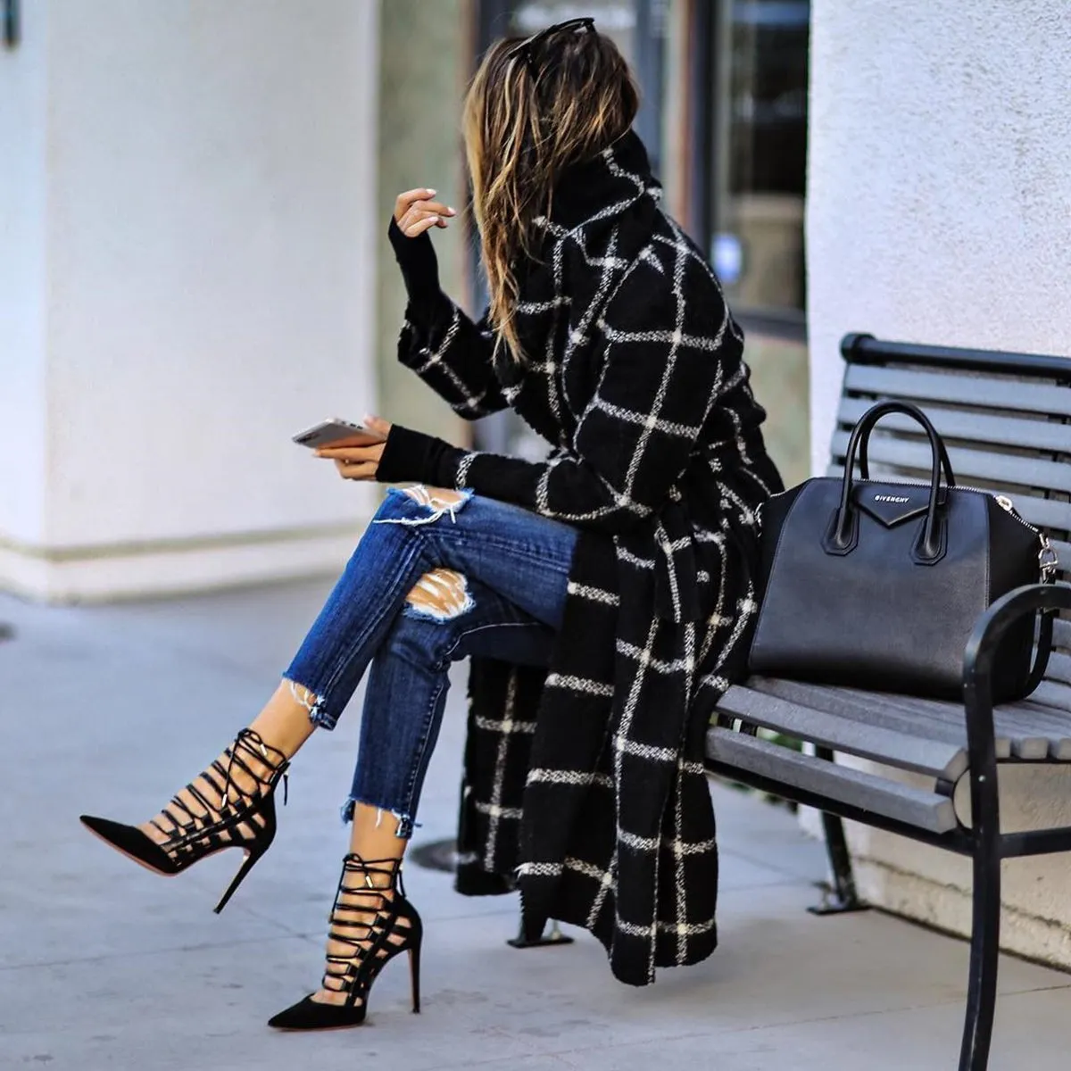 Black Plaid Long Overcoat for Winter