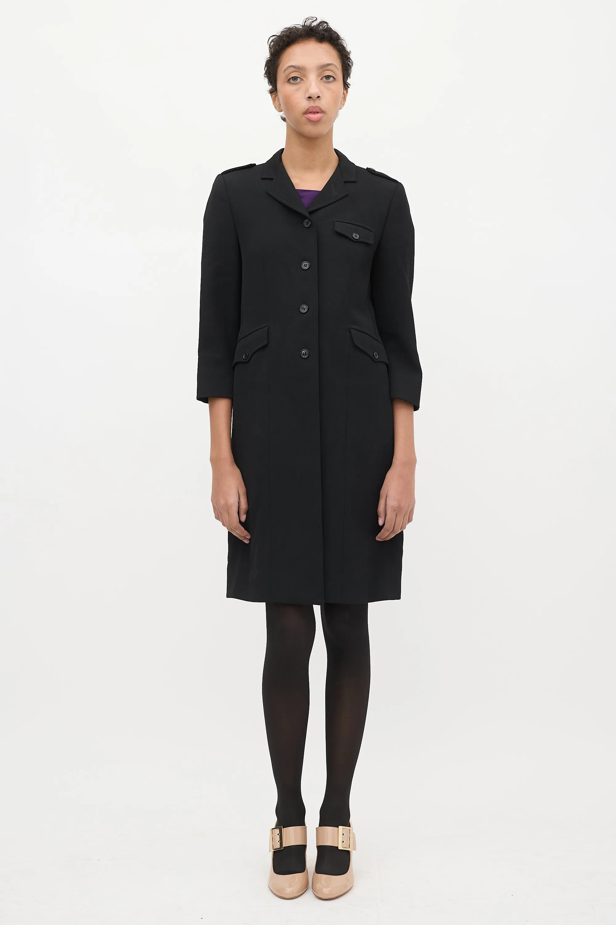 Black Wool Three Quarter Sleeve Coat