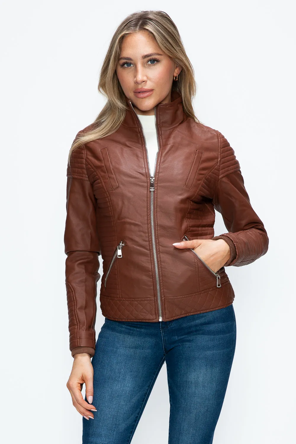 Brandy Faux Layered Double-Zipper Jacket with Fuzzy Hood