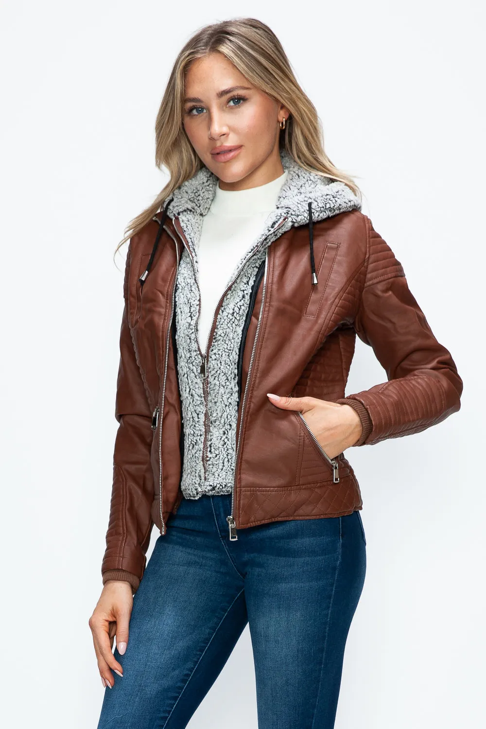 Brandy Faux Layered Double-Zipper Jacket with Fuzzy Hood