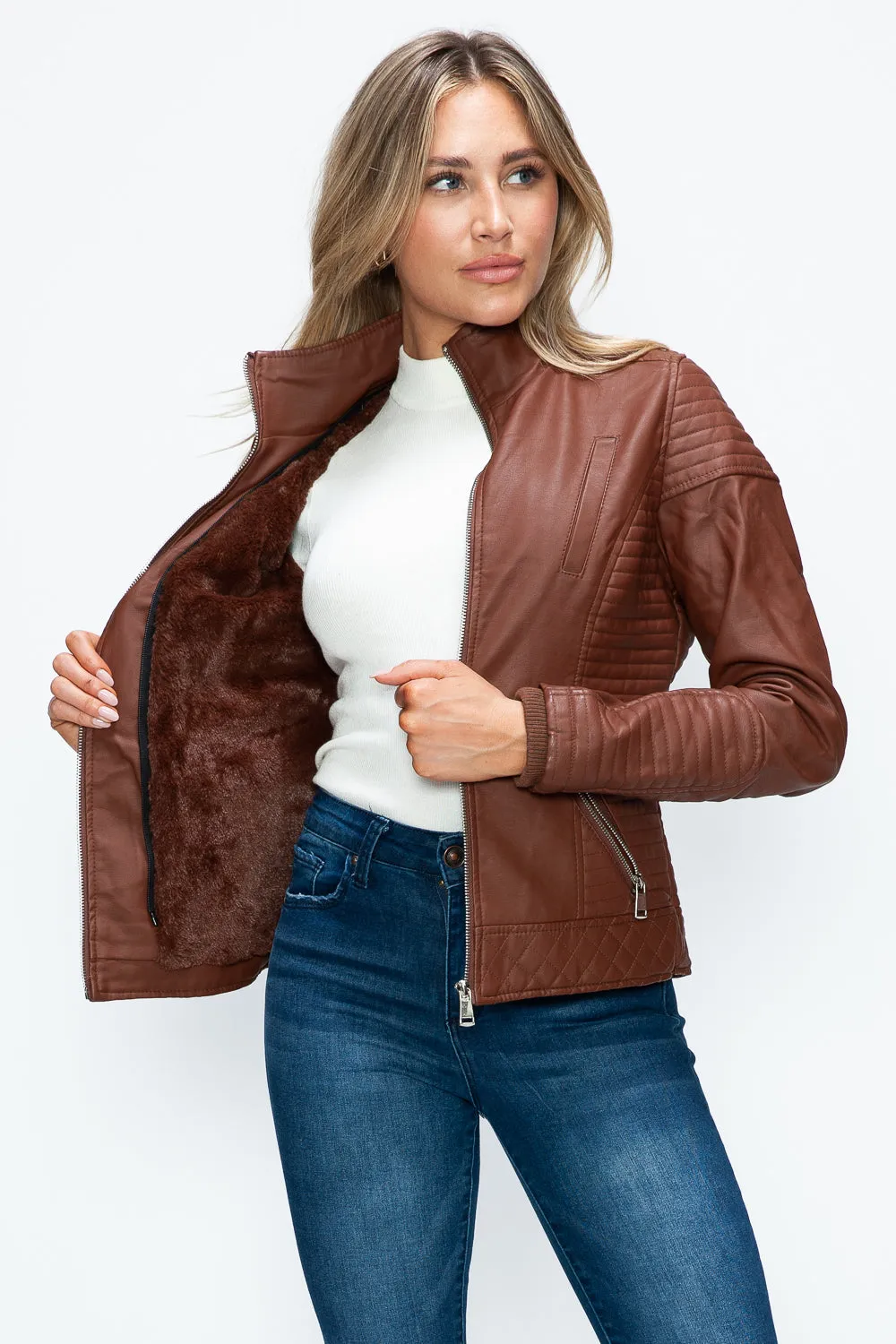 Brandy Faux Layered Double-Zipper Jacket with Fuzzy Hood