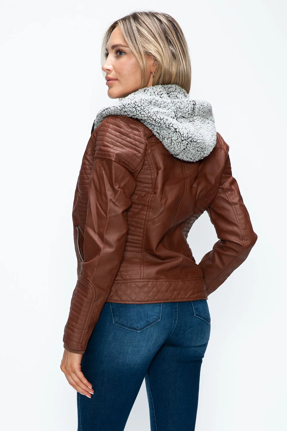 Brandy Faux Layered Double-Zipper Jacket with Fuzzy Hood