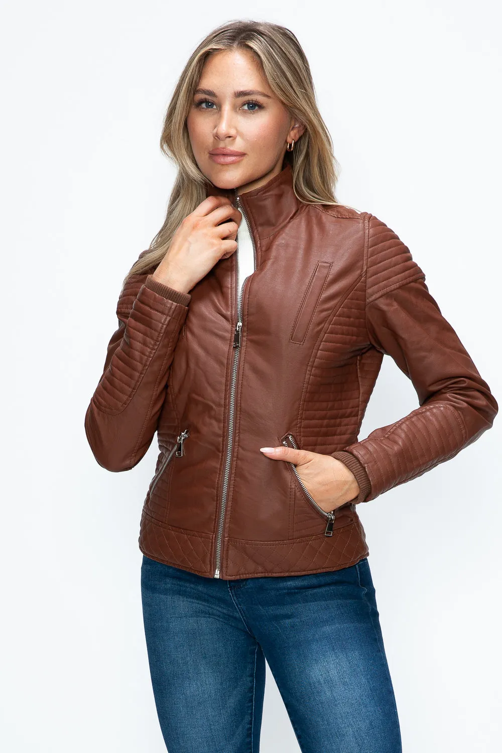 Brandy Faux Layered Double-Zipper Jacket with Fuzzy Hood