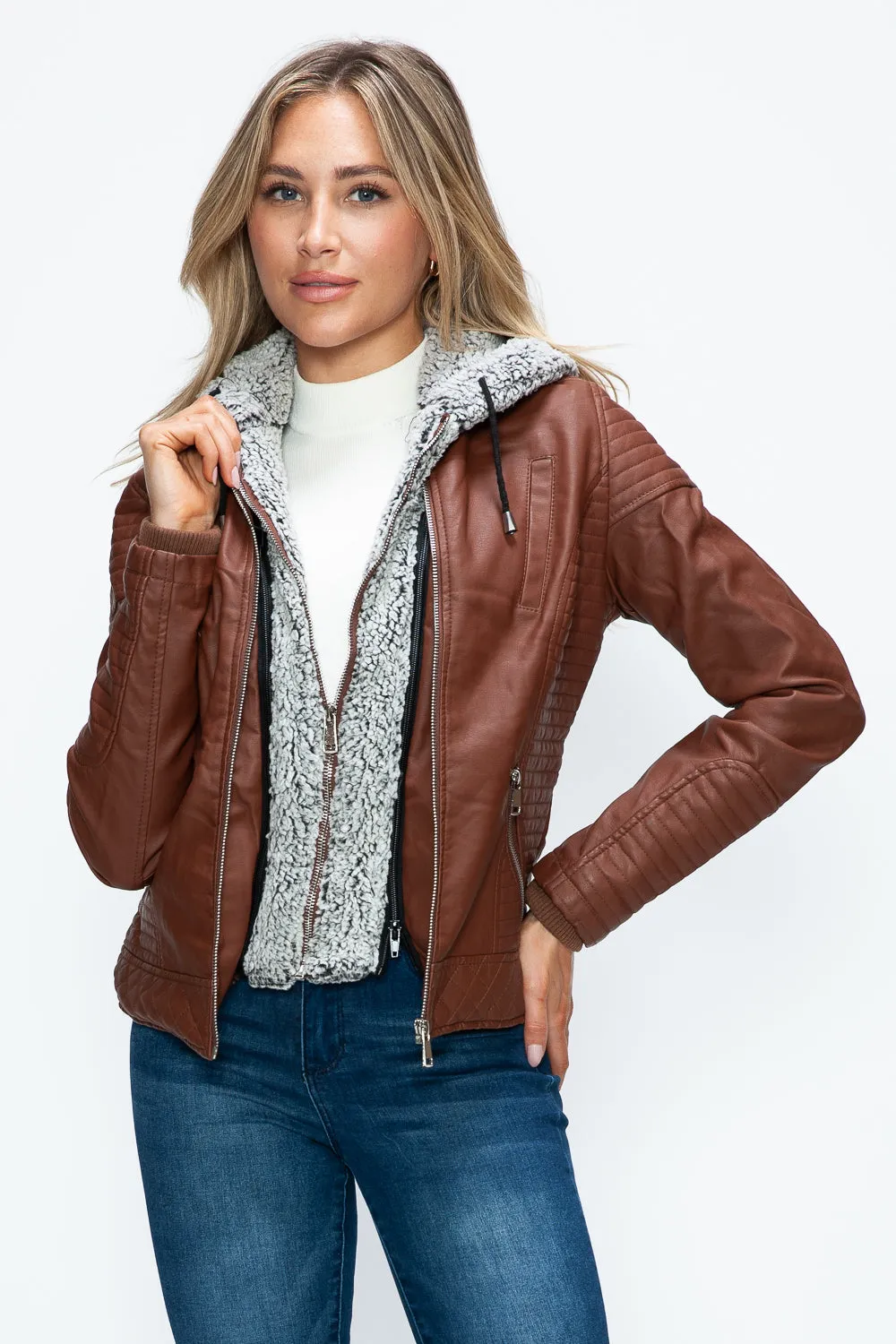 Brandy Faux Layered Double-Zipper Jacket with Fuzzy Hood