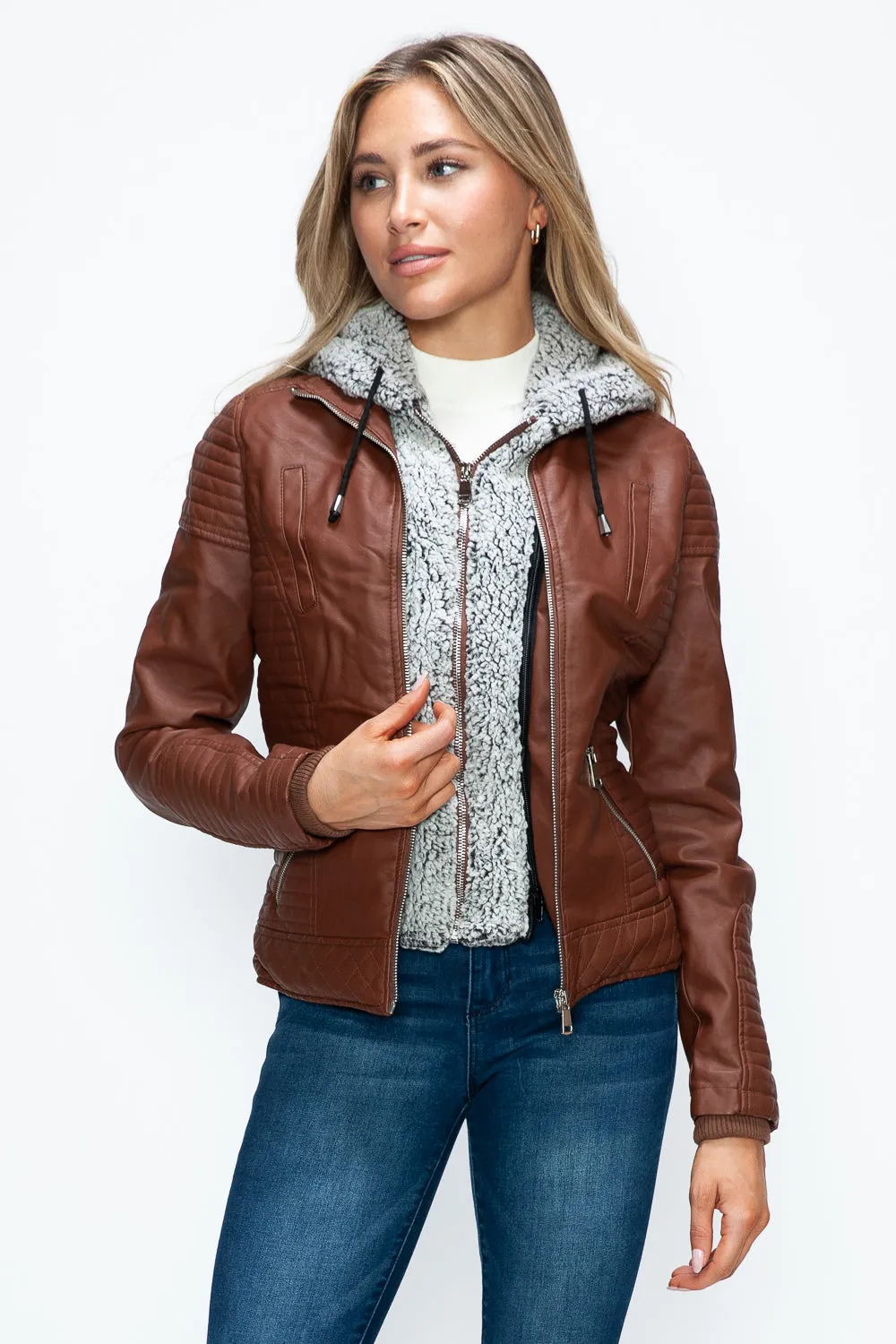 Brandy Faux Layered Double-Zipper Jacket with Fuzzy Hood