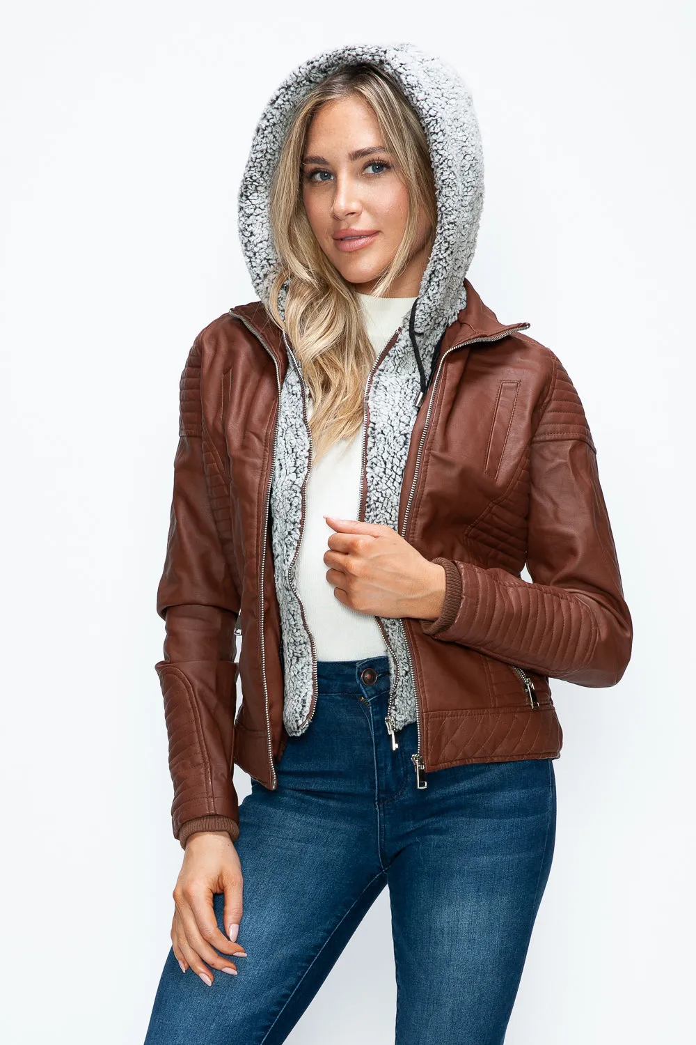 Brandy Faux Layered Double-Zipper Jacket with Fuzzy Hood