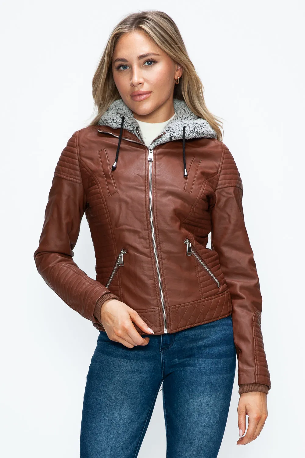 Brandy Faux Layered Double-Zipper Jacket with Fuzzy Hood