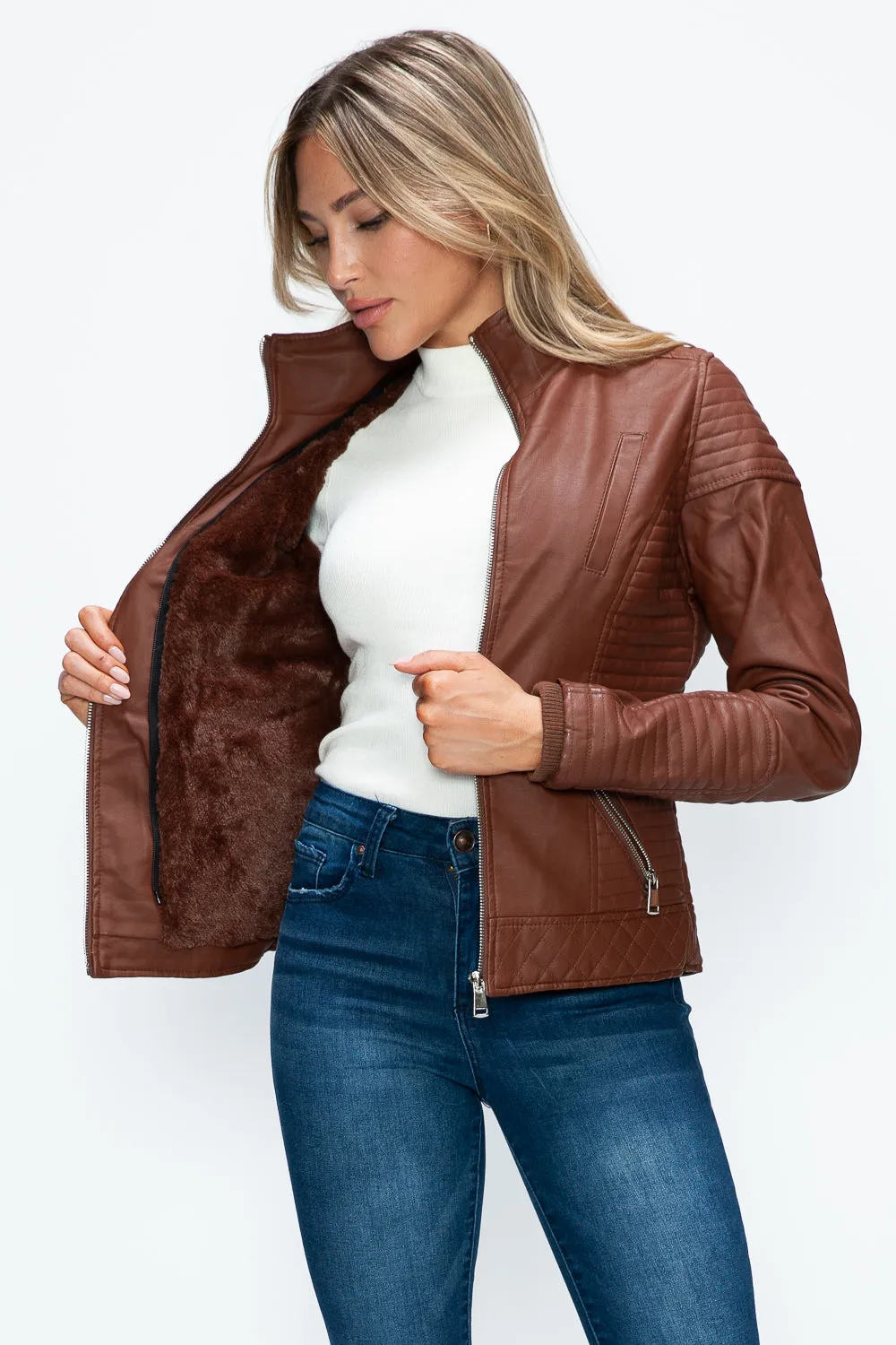 Brandy Faux Layered Double-Zipper Jacket with Fuzzy Hood