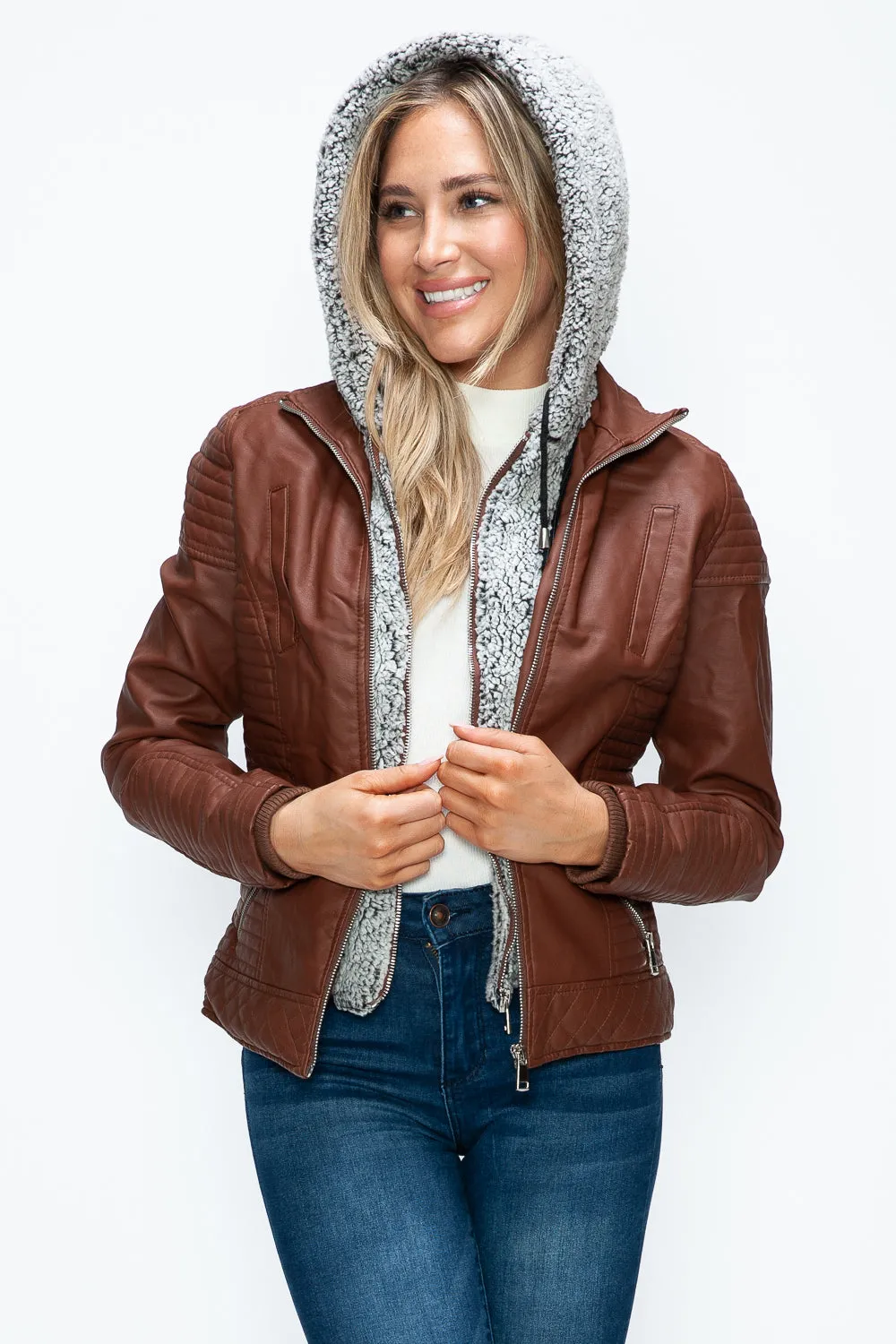 Brandy Faux Layered Double-Zipper Jacket with Fuzzy Hood