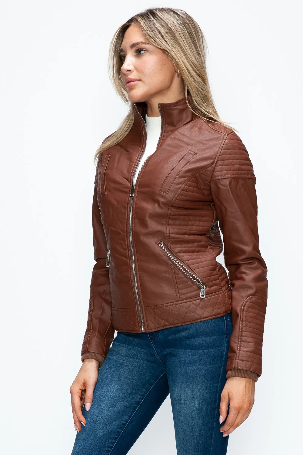 Brandy Faux Layered Double-Zipper Jacket with Fuzzy Hood