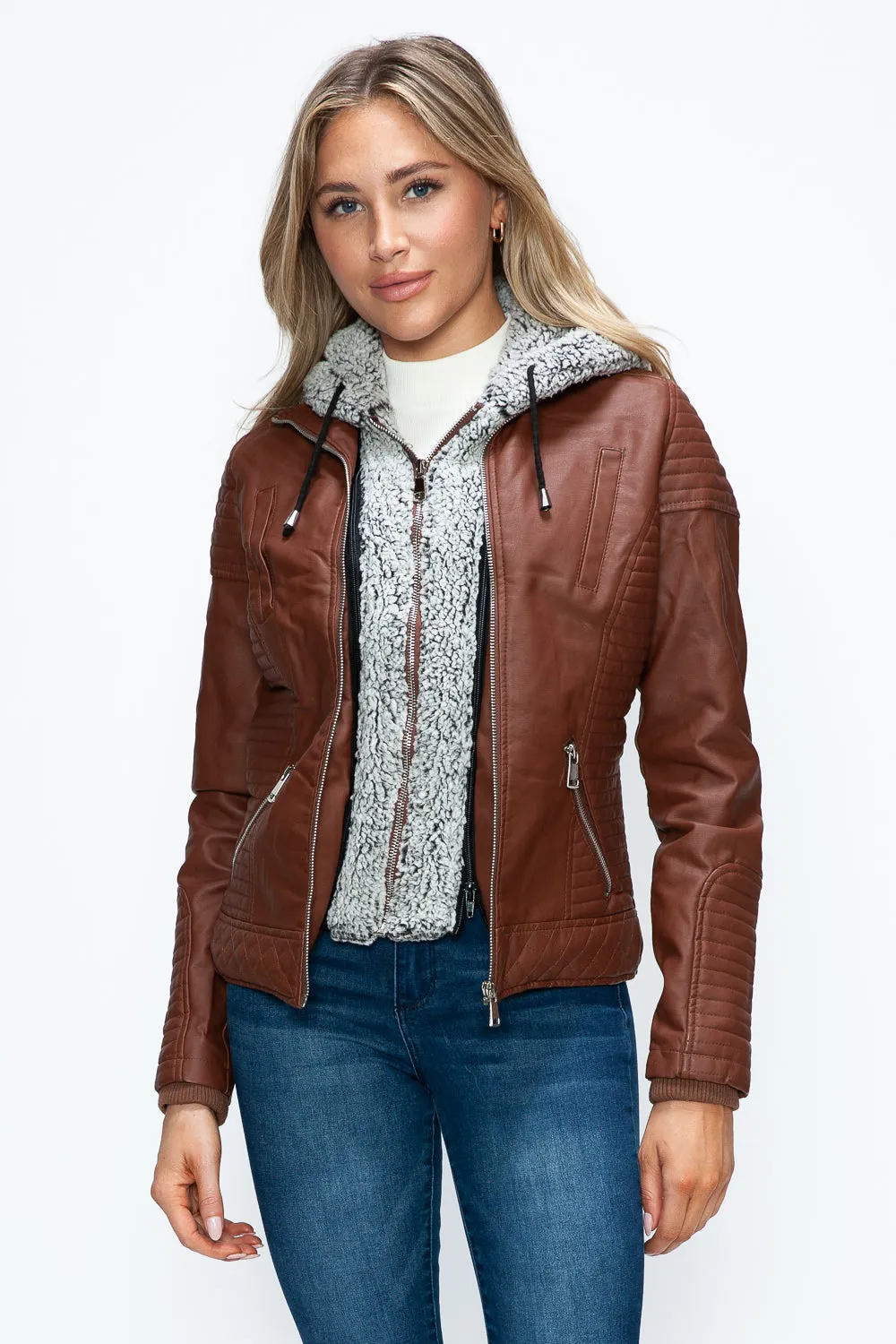 Brandy Faux Layered Double-Zipper Jacket with Fuzzy Hood