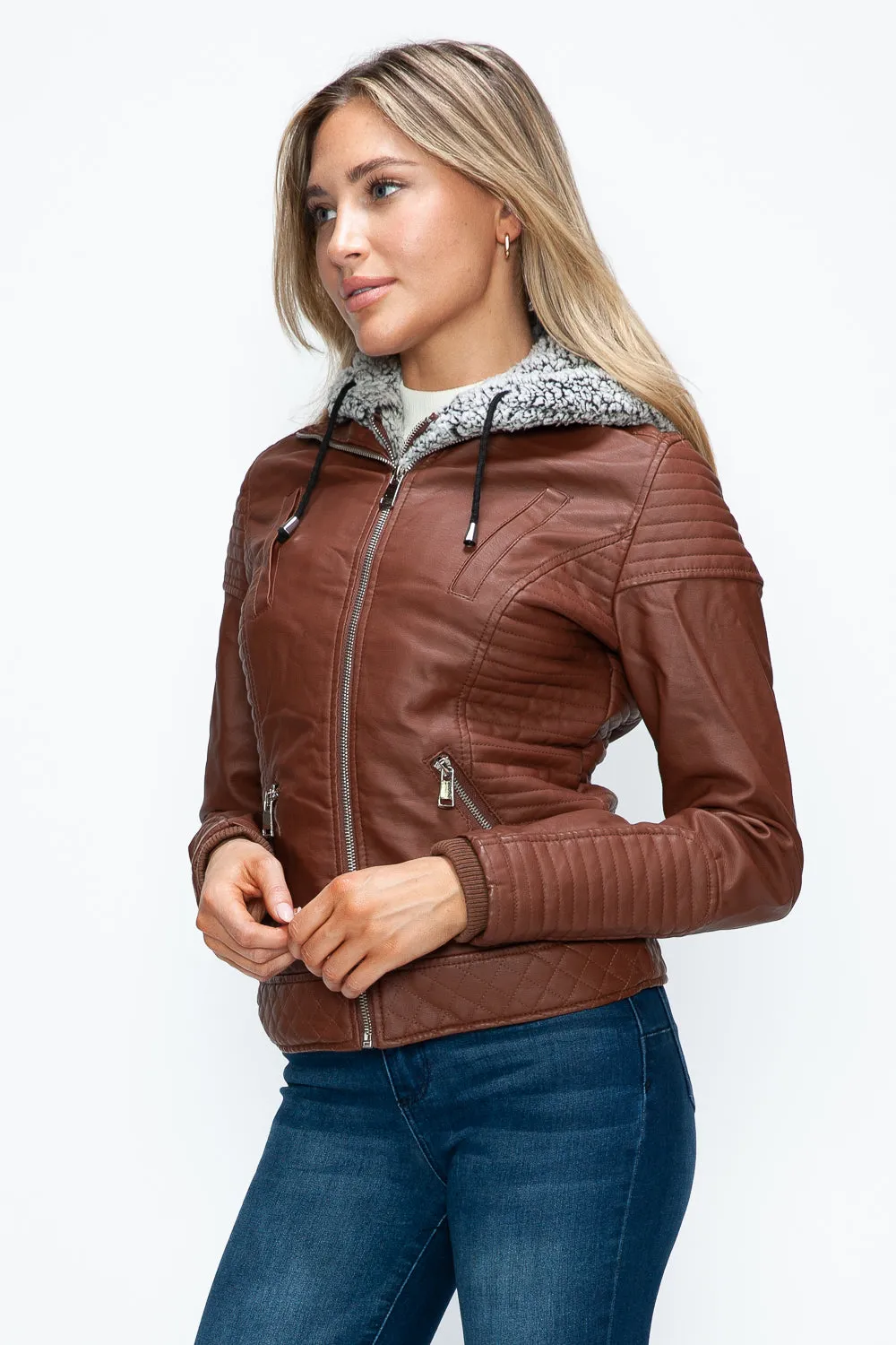 Brandy Faux Layered Double-Zipper Jacket with Fuzzy Hood