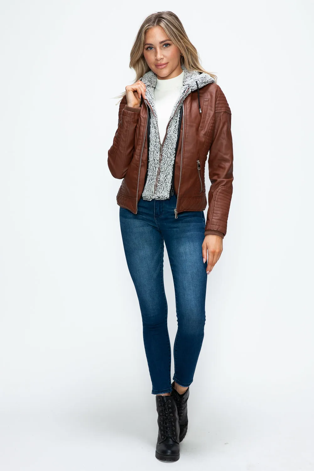 Brandy Faux Layered Double-Zipper Jacket with Fuzzy Hood