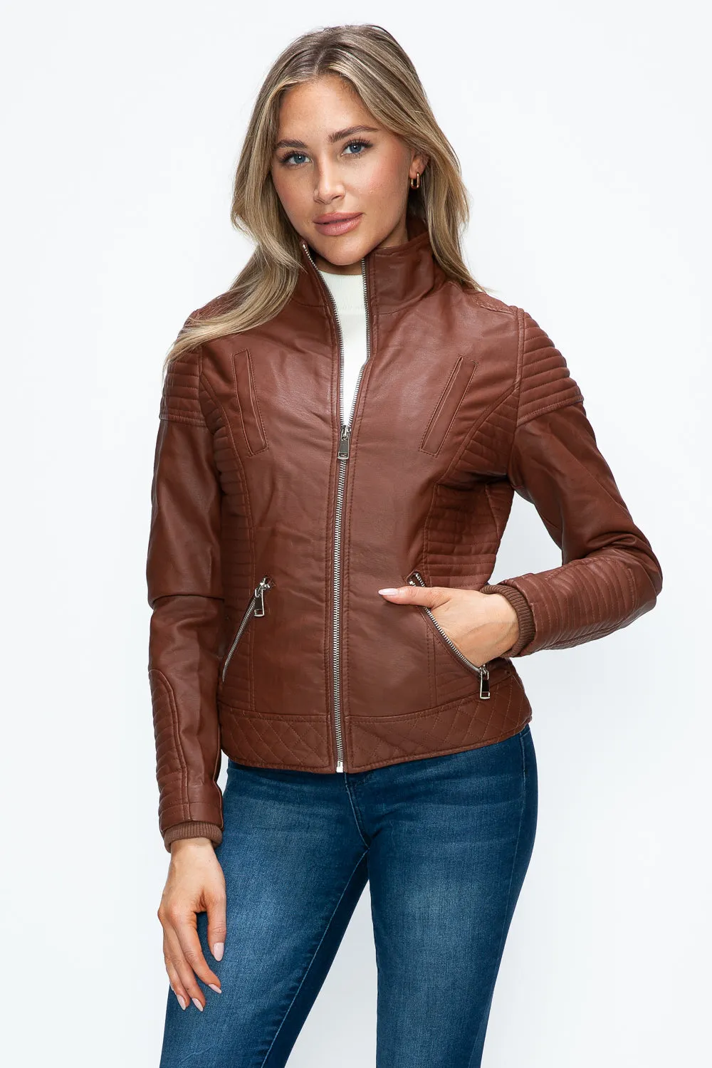 Brandy Faux Layered Double-Zipper Jacket with Fuzzy Hood