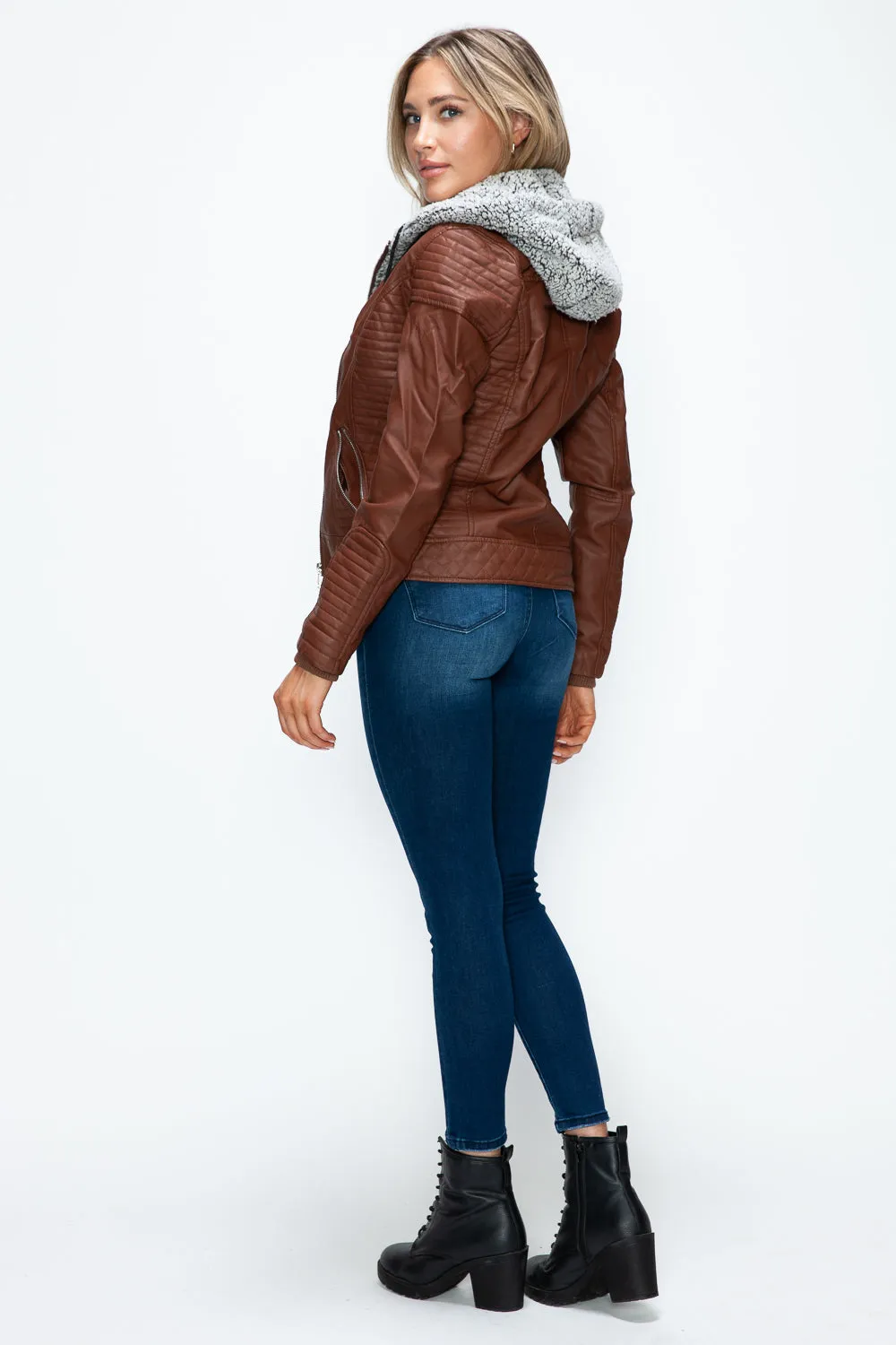 Brandy Faux Layered Double-Zipper Jacket with Fuzzy Hood