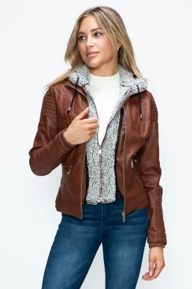 Brandy Faux Layered Double-Zipper Jacket with Fuzzy Hood