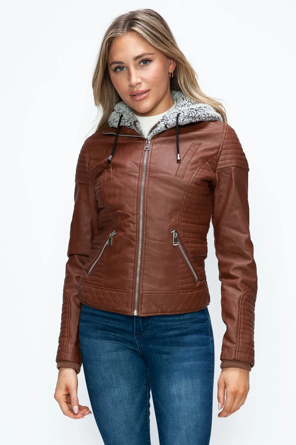 Brandy Faux Layered Double-Zipper Jacket with Fuzzy Hood