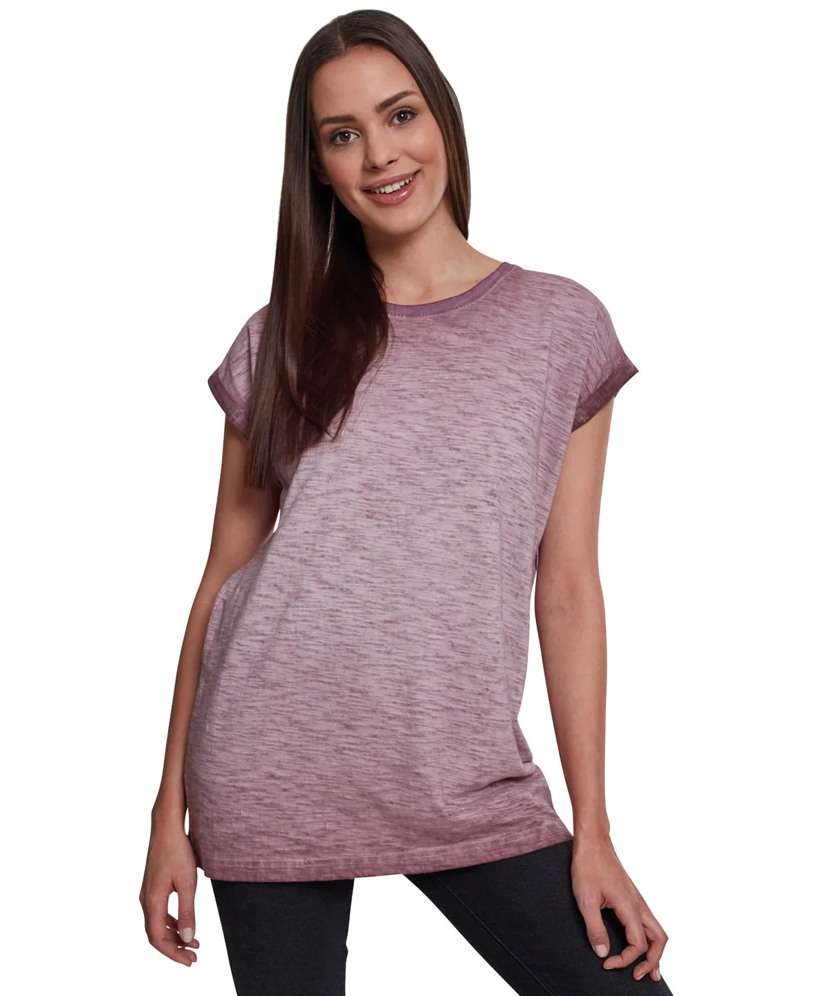 Burgundy - Women's spray dye extended shoulder tee