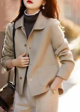 Casual Beige Peter Pan Collar Pockets Woolen Coat Fall