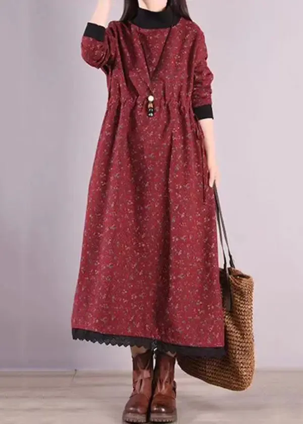 Casual Red Print Drawstring Patchwork Warm Fleece Dresses Winter ML0491