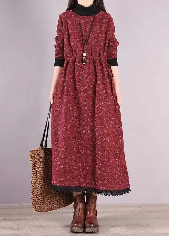 Casual Red Print Drawstring Patchwork Warm Fleece Dresses Winter ML0491