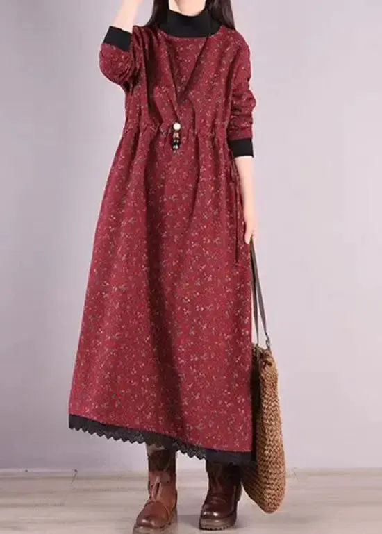 Casual Red Print Drawstring Patchwork Warm Fleece Dresses Winter ML0491