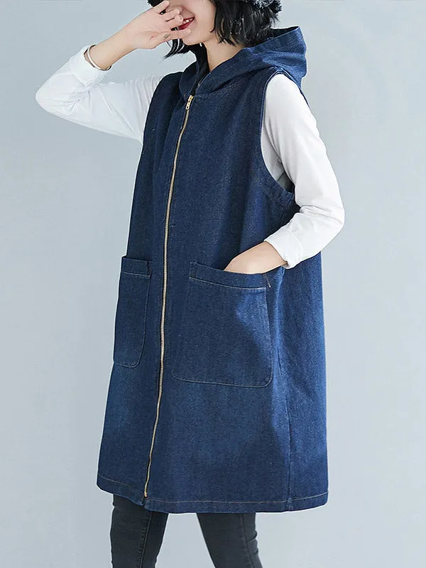 Casual Zipper Sleeveless Denim Vest Hooded Outerwear