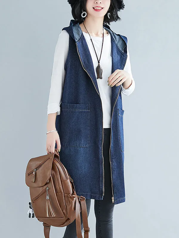 Casual Zipper Sleeveless Denim Vest Hooded Outerwear