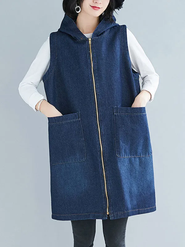 Casual Zipper Sleeveless Denim Vest Hooded Outerwear