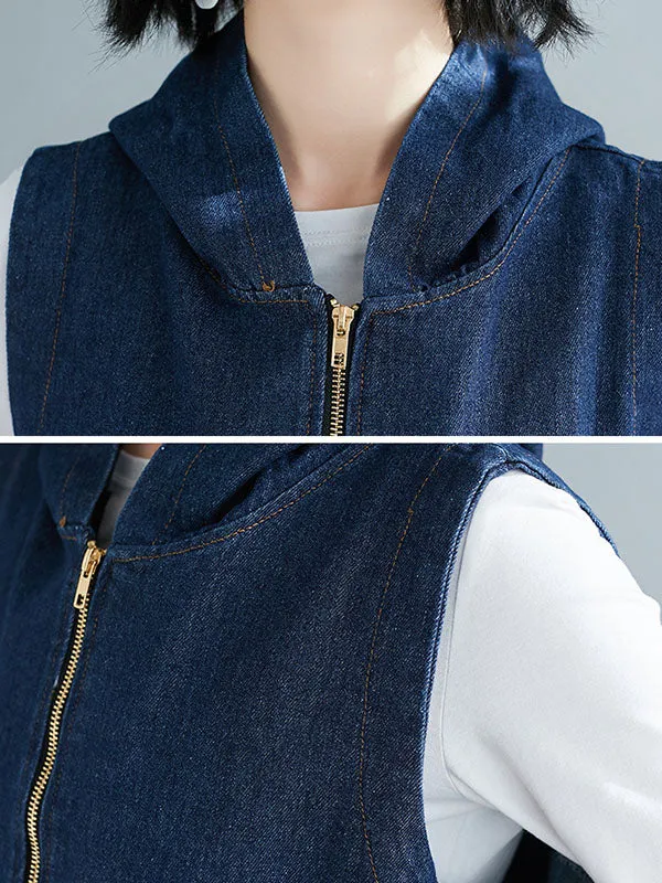 Casual Zipper Sleeveless Denim Vest Hooded Outerwear