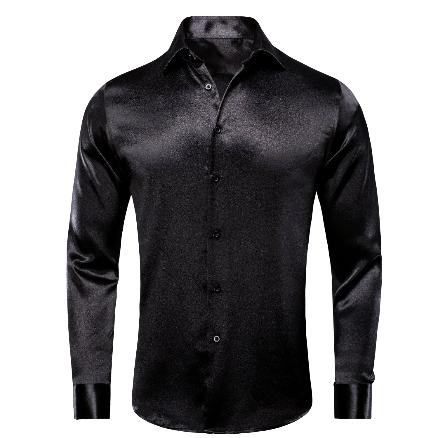 Classic Black Solid Silk Men's Long Sleeve Shirt