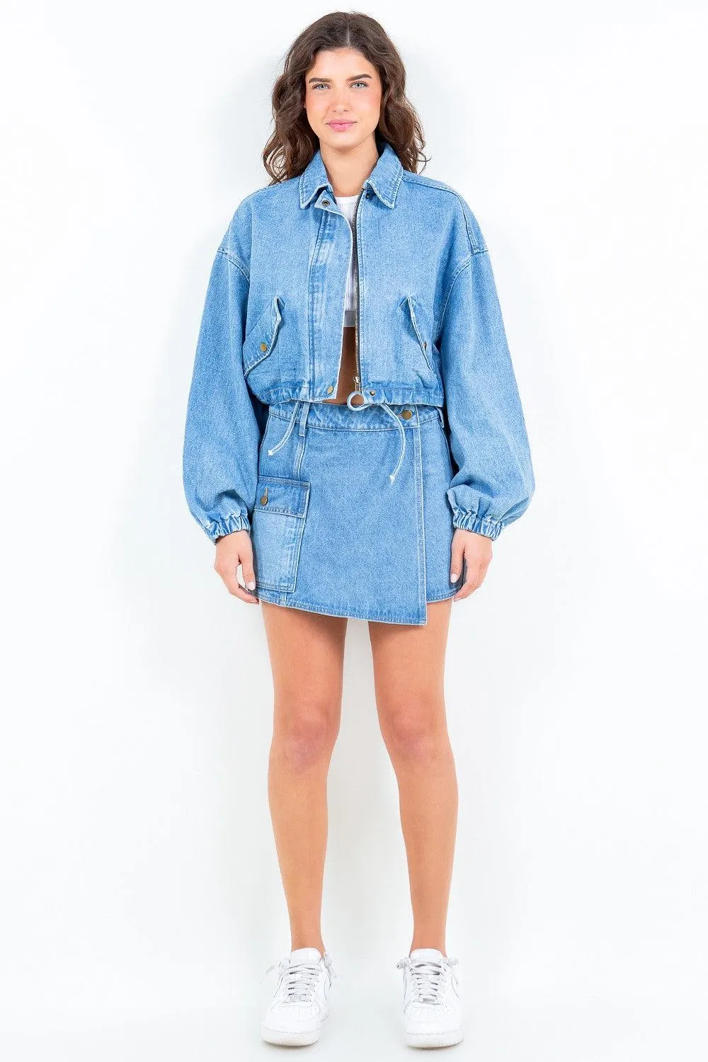 Crop Denim Jacket American Bazi Drawstring Waist Zipper Outwear