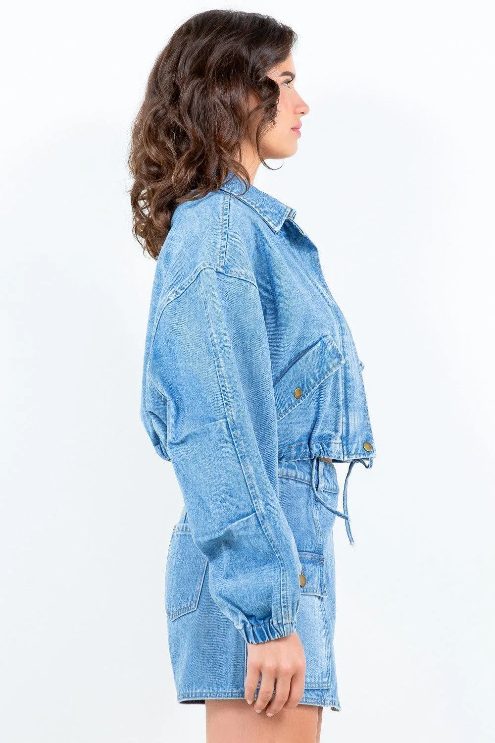 Crop Denim Jacket American Bazi Drawstring Waist Zipper Outwear